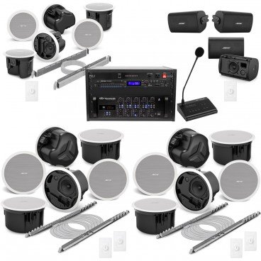 Multi-Zone 70V Commercial Sound System for Background or Foreground Music and Paging up to 14,000 SF (Up to 4 Zones)