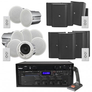 Multi-Zone 70V Distributed Sound System for Restaurants with 16 Speakers, Paging and Bluetooth Media Player (Up to 4 Zones)