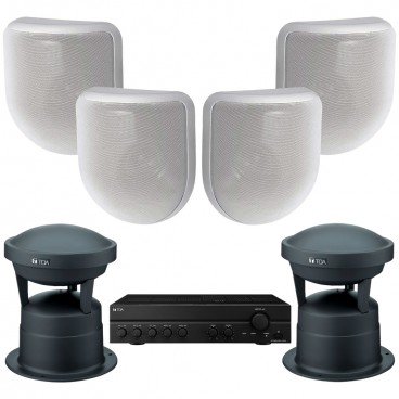 Outdoor Hospitality Sound System with 2 TOA GS-302 Garden Speakers and 4 H-3WP Wide Dispersion Outdoor Speakers