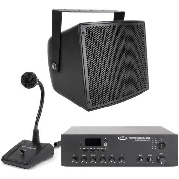 Paging Sound System with an S10 10" All-Weather Speaker, MA120BT 120W Bluetooth Mixer Amplifier and PTT1 Push-to-Talk Microphone