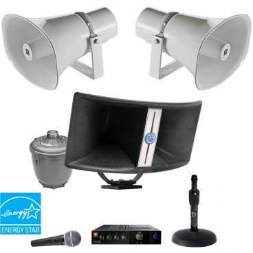 Public Address Sound System with Atlas Sound Wide Coverage Bi-Axial Horn, 2 JBL Long Throw Paging Horns and GreenEdge Mixer Amplifier