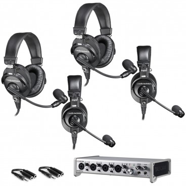 Four Person Podcast Studio Equipment Package with 4 Audio-Technica BPHS1 Broadcast Headsets with Boom Microphones and Tascam SERIES 208i Audio Interface