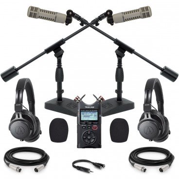 Two Person Podcast Studio Equipment Package with 2 Electro-Voice RE20 Microphones, Tascam DR-40X Handheld Recorder and 2 Monitor Headphones