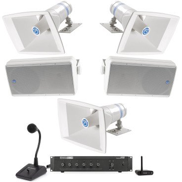 Public Address Sound System with 3 Atlas Sound Paging Horns, 2 All-Weather Loudspeakers, Mixer Amplifier and Bluetooth Adapter