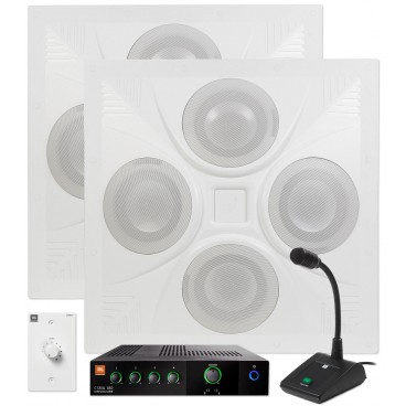 Restaurant Sound System with 2 Ceiling Speakers JBL Mixer Amplifier and Paging Microphone