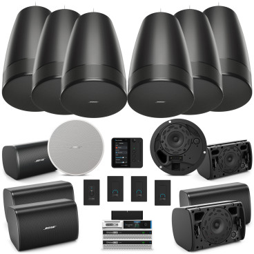 Bose 4-Zone Restaurant Sound System with 6 DesignMax Pendant Speakers, 2 Ceiling Speakers, 6 Outdoor Speakers, Power Amplifiers, Zone Processor, Wall Control Panel, Remote XLR Input, Volume Controls, and Wifi Streaming