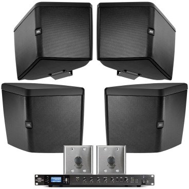 Restaurant Sound System for Outdoor Areas with 4 JBL Outdoor Wide Coverage Speakers and Power Amplifier