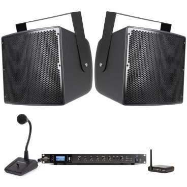 Stadium Speaker System with 70V Weatherproof Loudspeakers, 500W Mixer Amp, Paging Mic and BT Receiver
