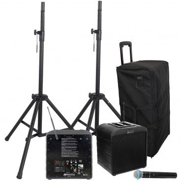 AmpliVox SW6924 AirVox Premium Bluetooth Portable PA System with 2 Speakers, Wireless Handheld Microphone, Speaker Stands and Carrying Case