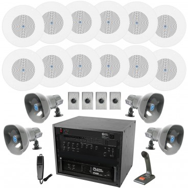 Office and Warehouse PA Sound System with 12 Atlas Sound In-Ceiling Speaker Kits and 8 Outdoor Horn Speakers 