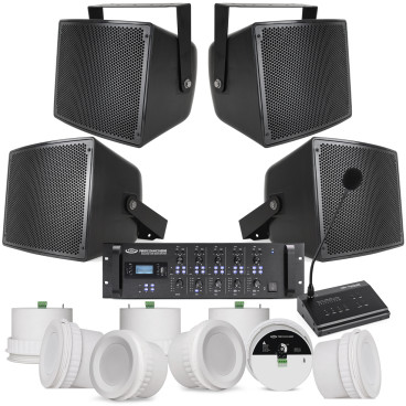 Warehouse Paging System with 4 S10 10" 70V Outdoor Speakers, 8 C5 4" Ceiling Speakers, RZMA240BT 240W Multi Zone Bluetooth Mixer Amplifier and PMZ16 Paging Microphone