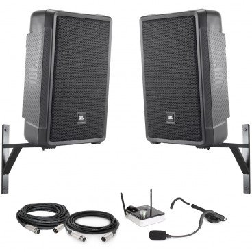Weight Room Sound System with 2 JBL IRX112BT Powered Bluetooth Speakers and Samson AirLine 99m AH9 Fitness Headset