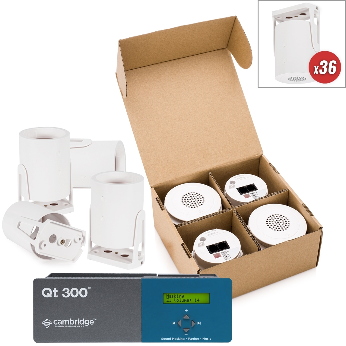 Sound Masking System with Cambridge Sound Management Surface Mount Qt Emitters and White Noise Generator for up to 3600SF