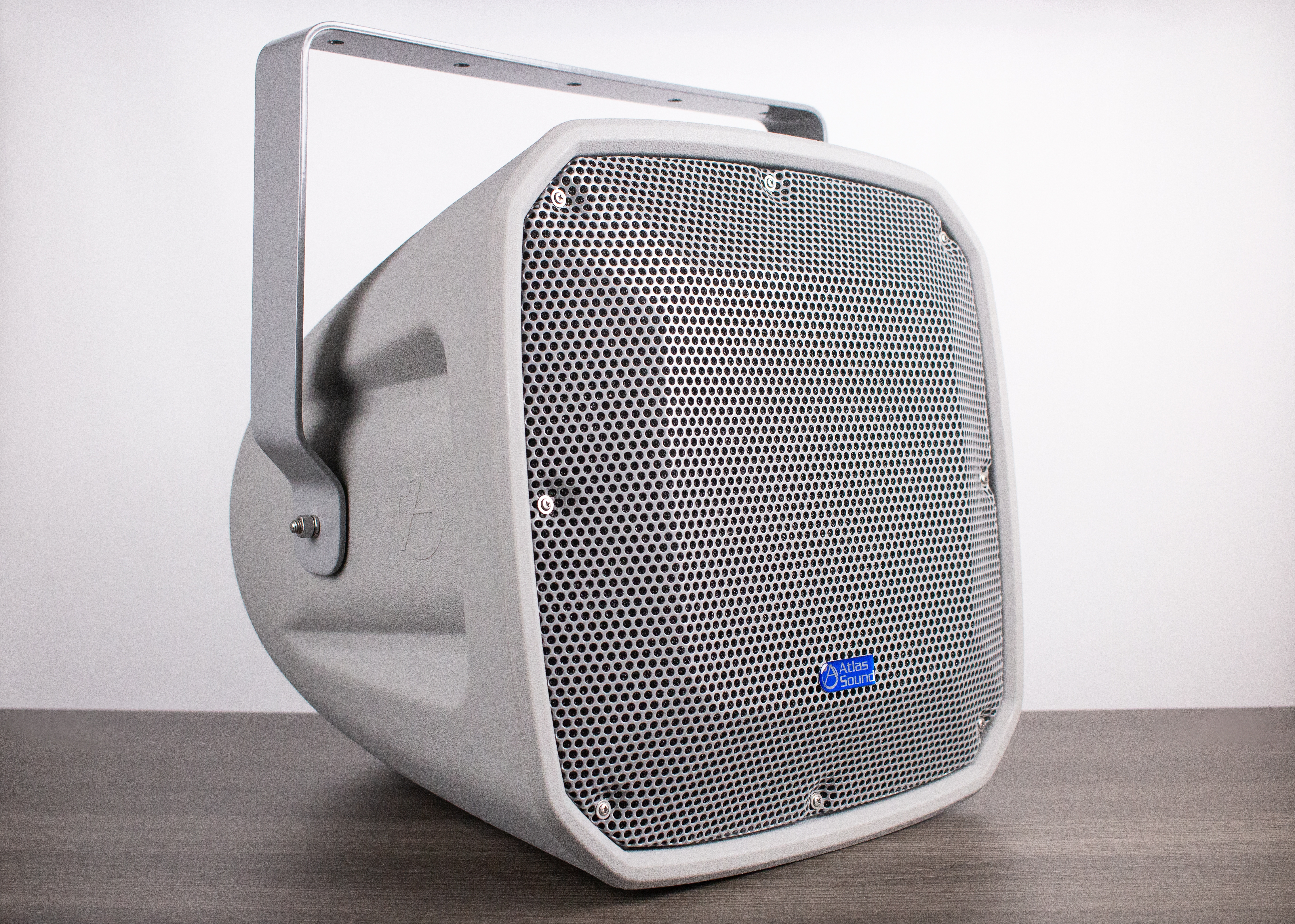 angled front view of atlas sound fs12t all-weather speaker system