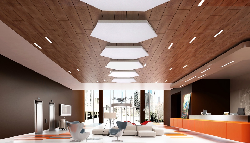 lobby with ceiling acoustic sound treatment panels